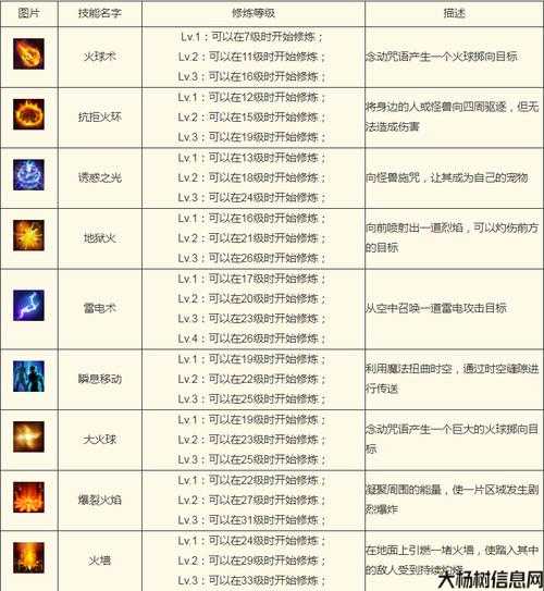 完整传奇法师技能等级表图片,高清大全