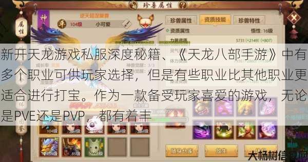 新开天龙游戏私服深度秘籍、《天龙八部手游》中有多个职业可供玩家选择，但是有些职业比其他职业更适合进行打宝。作为一款备受玩家喜爱的游戏，无论是PVE还是PVP，都有着丰 第1张